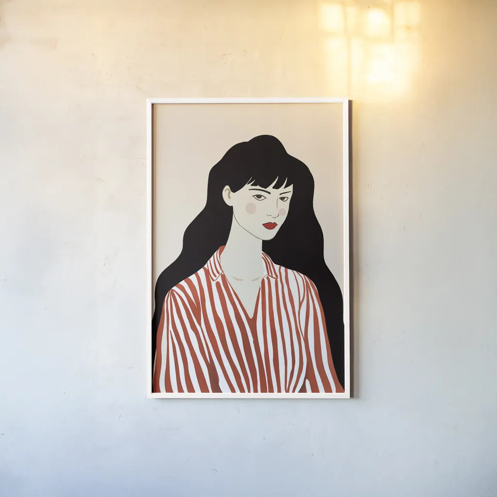 Woman in Striped Blouse I by Omar Escalante. shown as a paper print in a white frame. Available as a archival giclee rolled canvas, fine art paper, or poster print. SKU 98857h.
