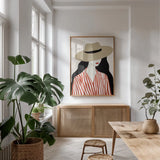 Woman in Striped Blouse I v2 by Omar Escalante. shown as a print in a natural wood frame in a dining room. Available as a archival giclee rolled canvas, fine art paper, or poster print. SKU 100931h.