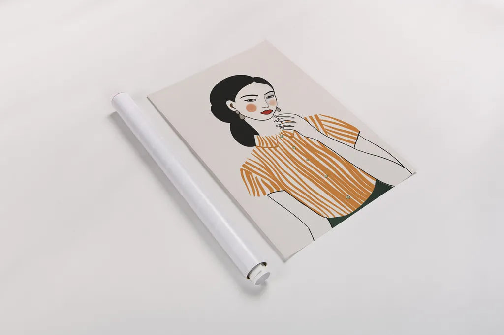 Woman in Striped Blouse II by Omar Escalante. shown as a rolled paper print. Available as archival giclee rolled canvas, fine art paper, or poster print. SKU 98858h.