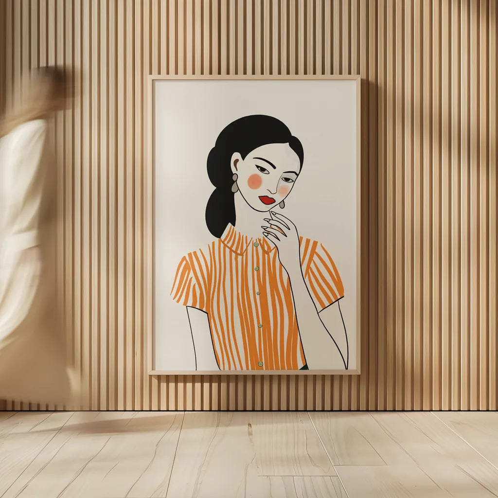 Woman in Striped Blouse II by Omar Escalante. shown as over sized large wall art. Available as an archival giclee rolled canvas, fine art paper, or poster print. SKU 98858h.