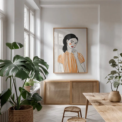 Woman in Striped Blouse II by Omar Escalante. shown as a print in a natural wood frame in a dining room. Available as a archival giclee rolled canvas, fine art paper, or poster print. SKU 98858h.