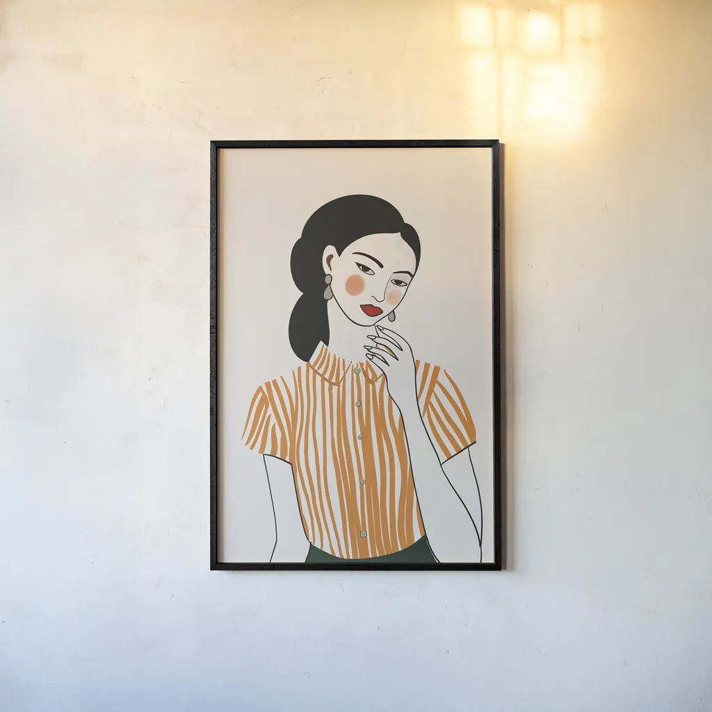 Woman in Striped Blouse II by Omar Escalante. shown as a paper print in a black flame. Available as a archival giclee rolled canvas, fine art paper, or poster print. SKU 98858h.