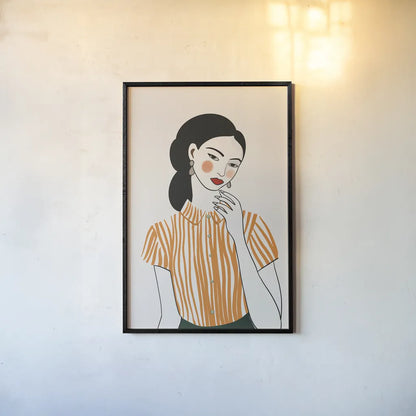 Woman in Striped Blouse II by Omar Escalante. shown as a paper print in a black flame. Available as a archival giclee rolled canvas, fine art paper, or poster print. SKU 98858h.
