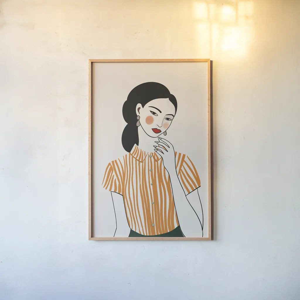 Woman in Striped Blouse II by Omar Escalante. shown as a paper print in a natural frame. Available as a archival giclee rolled canvas, fine art paper, or poster print. SKU 98858h.