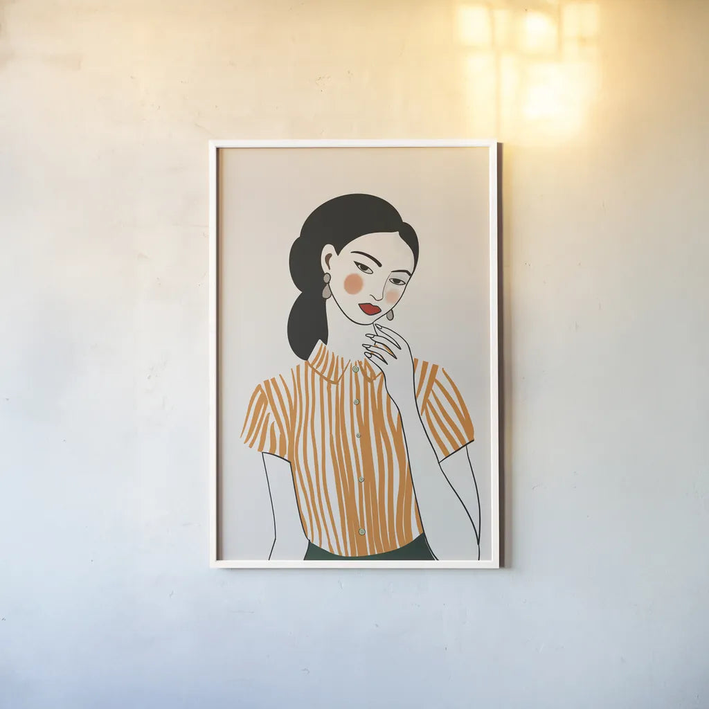 Woman in Striped Blouse II by Omar Escalante. shown as a paper print in a white frame. Available as a archival giclee rolled canvas, fine art paper, or poster print. SKU 98858h.
