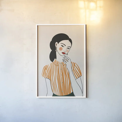 Woman in Striped Blouse II by Omar Escalante. shown as a paper print in a white frame. Available as a archival giclee rolled canvas, fine art paper, or poster print. SKU 98858h.