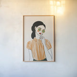Woman in Striped Blouse II v2 by Omar Escalante. shown as a paper print in a natural frame. Available as a archival giclee rolled canvas, fine art paper, or poster print. SKU 100932h.