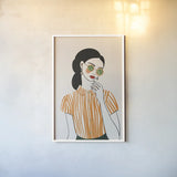 Woman in Striped Blouse II v2 by Omar Escalante. shown as a paper print in a white frame. Available as a archival giclee rolled canvas, fine art paper, or poster print. SKU 100932h.