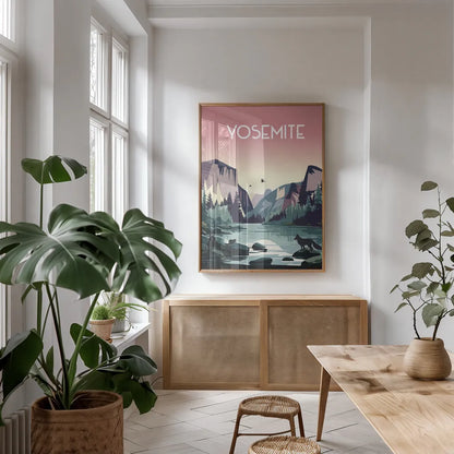 Yosemite by Omar Escalante. shown as a print in a natural wood frame in a dining room. Available as a archival giclee rolled canvas, fine art paper, or poster print. SKU 90449h.