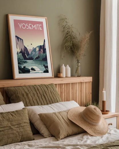 Yosemite by Omar Escalante. shown as a paper print in a natural frame. Available as a archival giclee rolled canvas, fine art paper, or poster print. SKU 90449h.