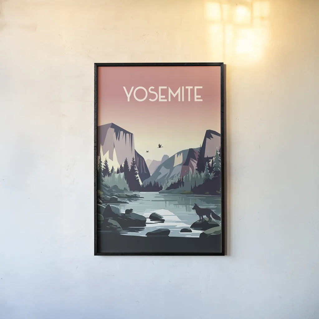 Yosemite by Omar Escalante. shown as a paper print in a black flame. Available as a archival giclee rolled canvas, fine art paper, or poster print. SKU 90449h.