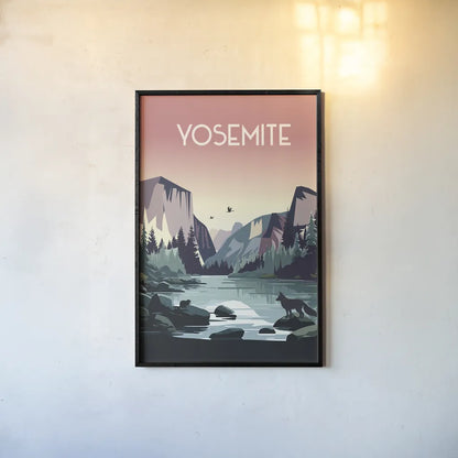 Yosemite by Omar Escalante. shown as a paper print in a black flame. Available as a archival giclee rolled canvas, fine art paper, or poster print. SKU 90449h.
