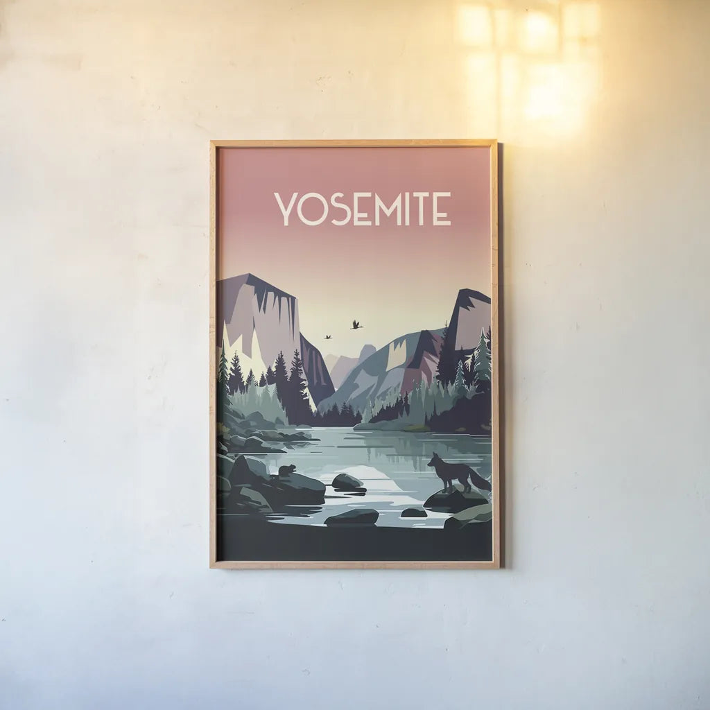 Yosemite by Omar Escalante. shown as a paper print in a natural frame. Available as a archival giclee rolled canvas, fine art paper, or poster print. SKU 90449h.