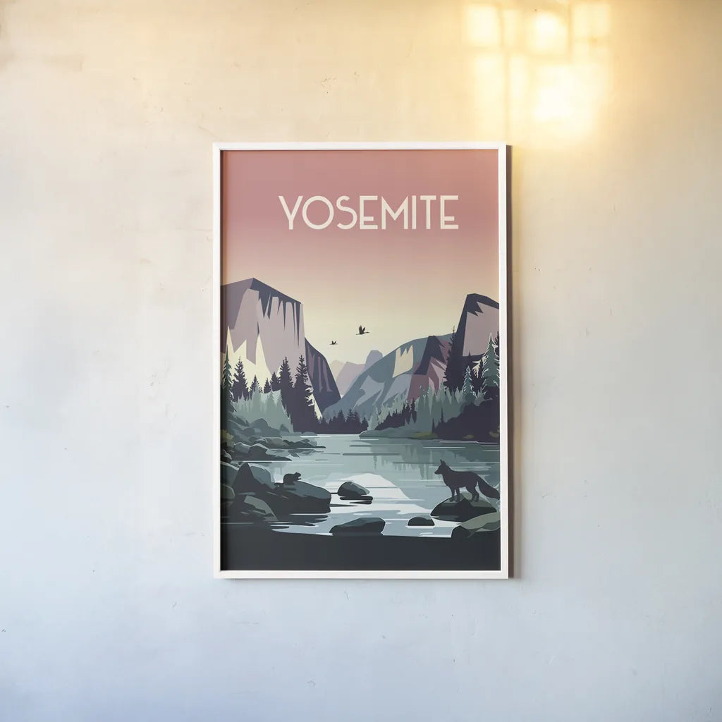 Yosemite by Omar Escalante. shown as a paper print in a white frame. Available as a archival giclee rolled canvas, fine art paper, or poster print. SKU 90449h.