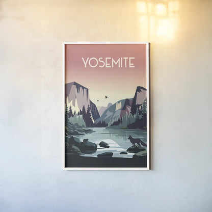 Yosemite by Omar Escalante. shown as a paper print in a white frame. Available as a archival giclee rolled canvas, fine art paper, or poster print. SKU 90449h.