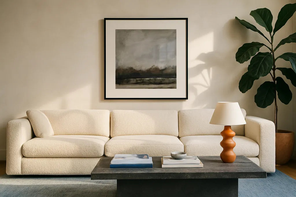 Along the Canal by Pamela Munger. Displayed in a glass frame with matte in a clean modern living room. Available as an archival giclee rolled canvas, fine art paper, or poster print. SKU 95381a.