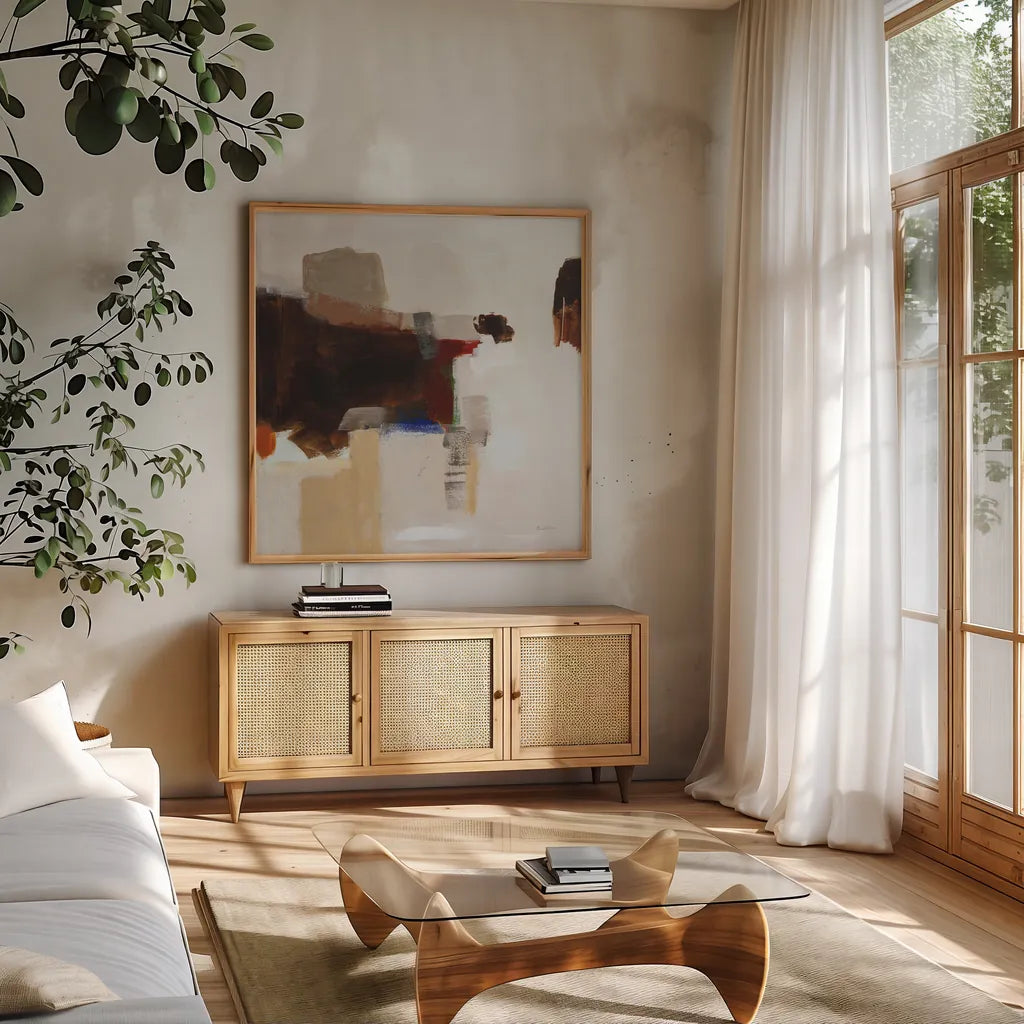 American Rust by Pamela Munger. Shown in a natural wood frame in a cozy modern living room. Available as an archival giclee rolled canvas, fine art paper, or poster print. SKU 90194a.