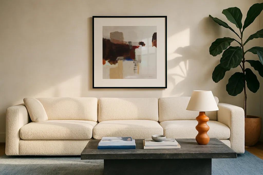 American Rust by Pamela Munger. Displayed in a glass frame with matte in a clean modern living room. Available as an archival giclee rolled canvas, fine art paper, or poster print. SKU 90194a.