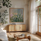 April Meadow by Pamela Munger. Shown in a natural wood frame in a cozy modern living room. Available as an archival giclee rolled canvas, fine art paper, or poster print. SKU 102487a.
