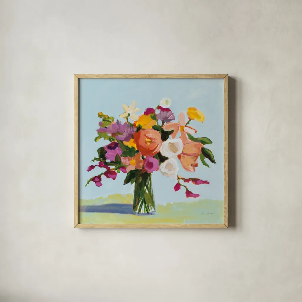 August Blooms by Pamela Munger. Shown in a natural wood glass frame for a timeless modern aesthetic. Available as an archival giclee rolled canvas, fine art paper, or poster print. SKU 74471a.