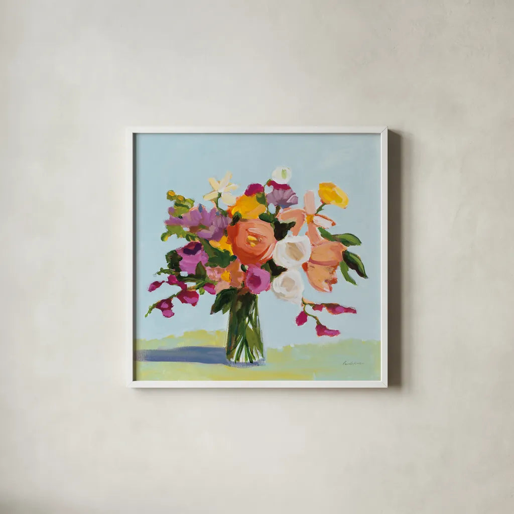 August Blooms by Pamela Munger. Shown in a crisp white glass frame for a clean and minimalist style. Available as an archival giclee rolled canvas, fine art paper, or poster print. SKU 74471a.