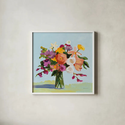 August Blooms by Pamela Munger. Shown in a crisp white glass frame for a clean and minimalist style. Available as an archival giclee rolled canvas, fine art paper, or poster print. SKU 74471a.