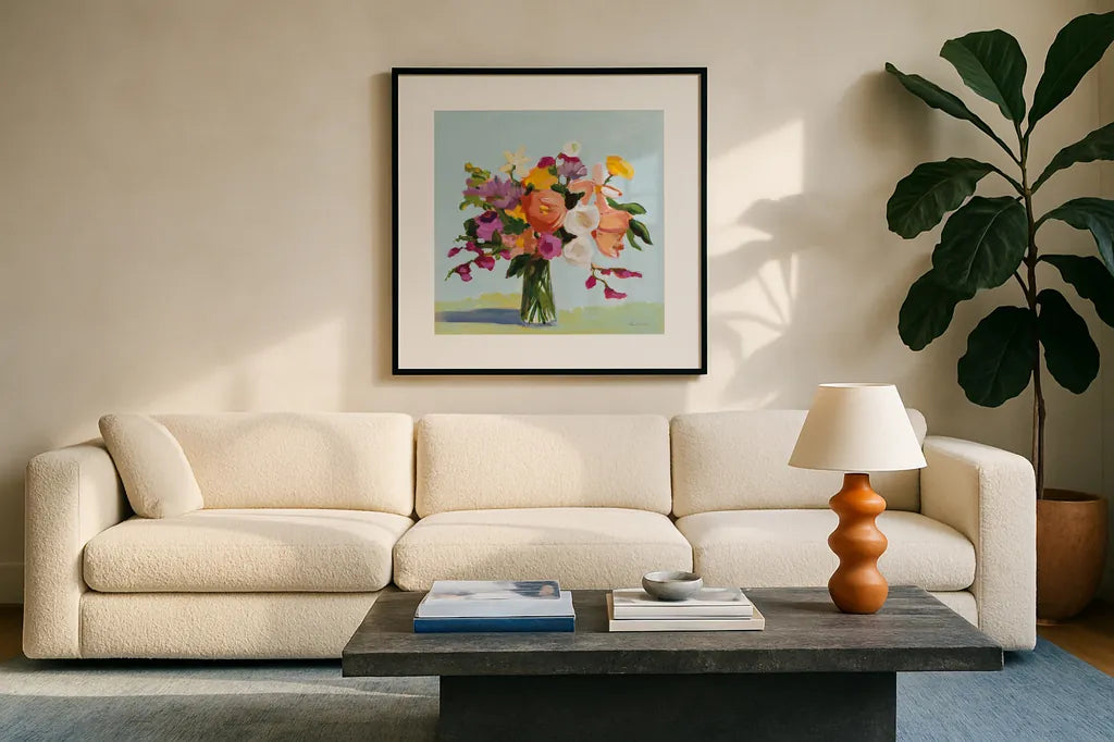 August Blooms by Pamela Munger. Displayed in a glass frame with matte in a clean modern living room. Available as an archival giclee rolled canvas, fine art paper, or poster print. SKU 74471a.