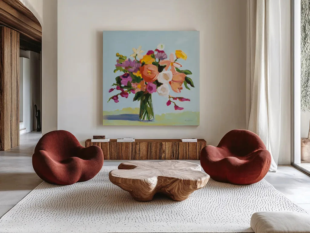 August Blooms by Pamela Munger. Shown as extra-large giant wall art in a modern living room. Available as an archival giclee rolled canvas, fine art paper, or poster print. SKU 74471a.