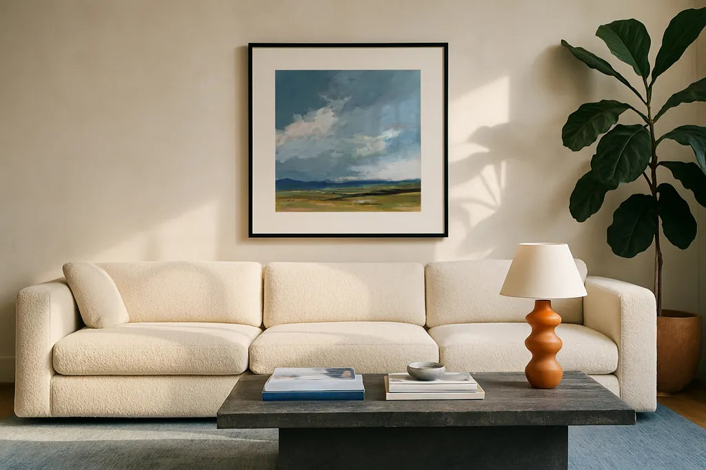 August Storm by Pamela Munger. Displayed in a glass frame with matte in a clean modern living room. Available as an archival giclee rolled canvas, fine art paper, or poster print. SKU 87854a.