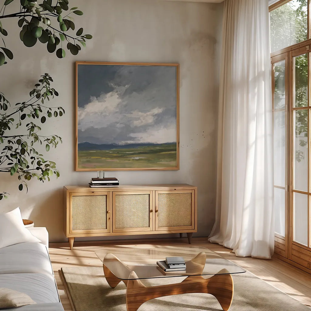 August Storm Honeybloom by Pamela Munger. Shown in a natural wood frame in a cozy modern living room. Available as an archival giclee rolled canvas, fine art paper, or poster print. SKU 90645a.