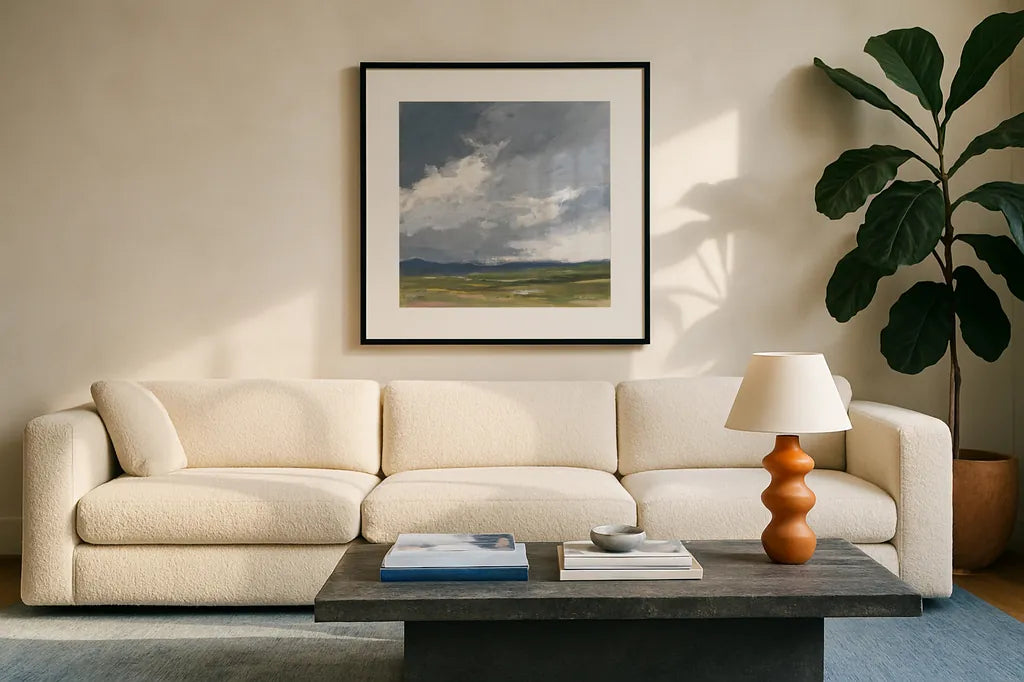 August Storm Honeybloom by Pamela Munger. Displayed in a glass frame with matte in a clean modern living room. Available as an archival giclee rolled canvas, fine art paper, or poster print. SKU 90645a.