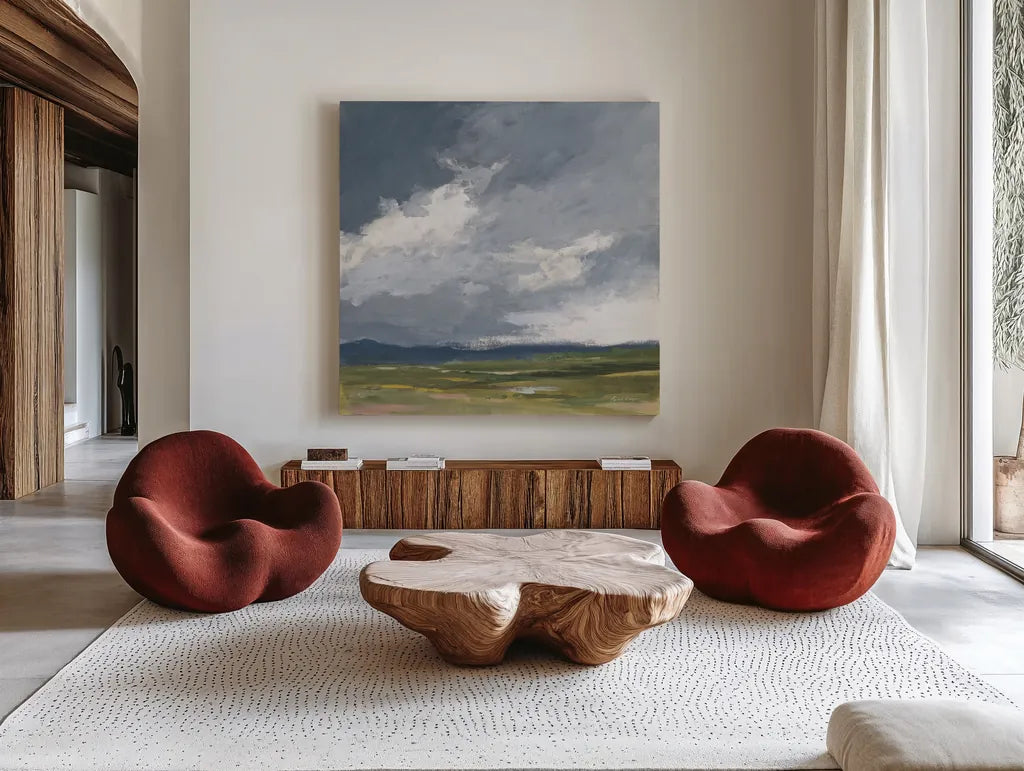August Storm Honeybloom by Pamela Munger. Shown as extra-large giant wall art in a modern living room. Available as an archival giclee rolled canvas, fine art paper, or poster print. SKU 90645a.