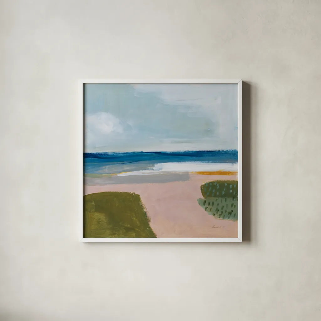 Beach Daze by Pamela Munger. Shown in a crisp white glass frame for a clean and minimalist style. Available as an archival giclee rolled canvas, fine art paper, or poster print. SKU 74472a.