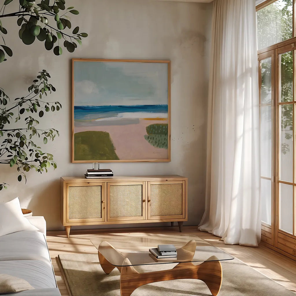 Beach Daze by Pamela Munger. Shown in a natural wood frame in a cozy modern living room. Available as an archival giclee rolled canvas, fine art paper, or poster print. SKU 74472a.