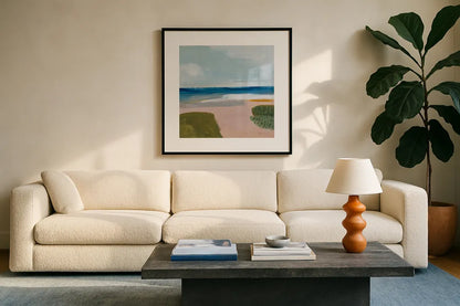 Beach Daze by Pamela Munger. Displayed in a glass frame with matte in a clean modern living room. Available as an archival giclee rolled canvas, fine art paper, or poster print. SKU 74472a.