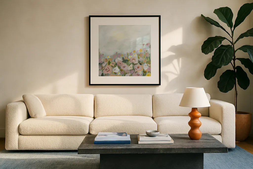 Blooming Landscape by Pamela Munger. Displayed in a glass frame with matte in a clean modern living room. Available as an archival giclee rolled canvas, fine art paper, or poster print. SKU 81276a.
