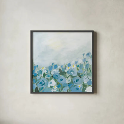 Blooming Landscape Blue by Pamela Munger. Shown in a sleek black glass frame for a contemporary gallery look. Available as an archival giclee rolled canvas, fine art paper, or poster print. SKU 82088a.