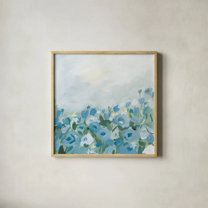 Blooming Landscape Blue by Pamela Munger. Shown in a natural wood glass frame for a timeless modern aesthetic. Available as an archival giclee rolled canvas, fine art paper, or poster print. SKU 82088a.