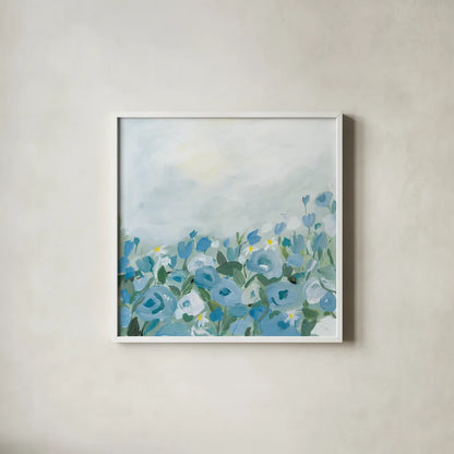 Blooming Landscape Blue by Pamela Munger. Shown in a crisp white glass frame for a clean and minimalist style. Available as an archival giclee rolled canvas, fine art paper, or poster print. SKU 82088a.