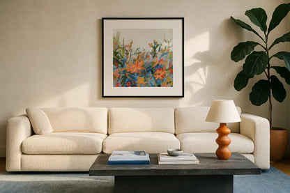 Blue Spring v2 Crop by Pamela Munger. Displayed in a glass frame with matte in a clean modern living room. Available as an archival giclee rolled canvas, fine art paper, or poster print. SKU 95211a.