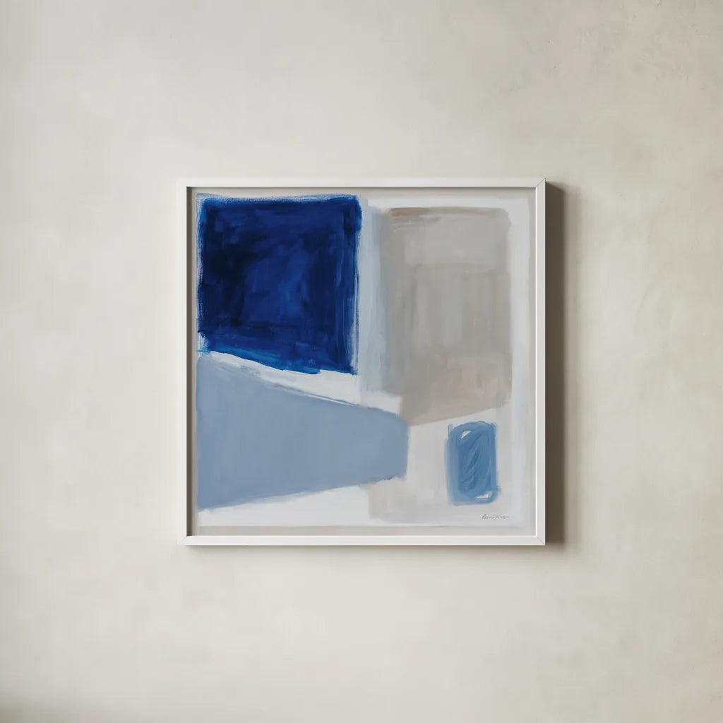 Blue and Brew by Pamela Munger. Shown in a crisp white glass frame for a clean and minimalist style. Available as an archival giclee rolled canvas, fine art paper, or poster print. SKU 84603a.