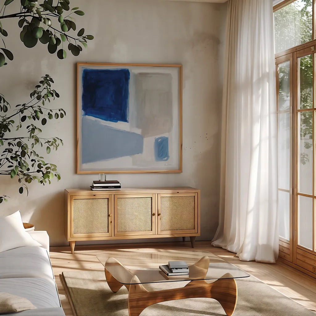 Blue and Brew by Pamela Munger. Shown in a natural wood frame in a cozy modern living room. Available as an archival giclee rolled canvas, fine art paper, or poster print. SKU 84603a.