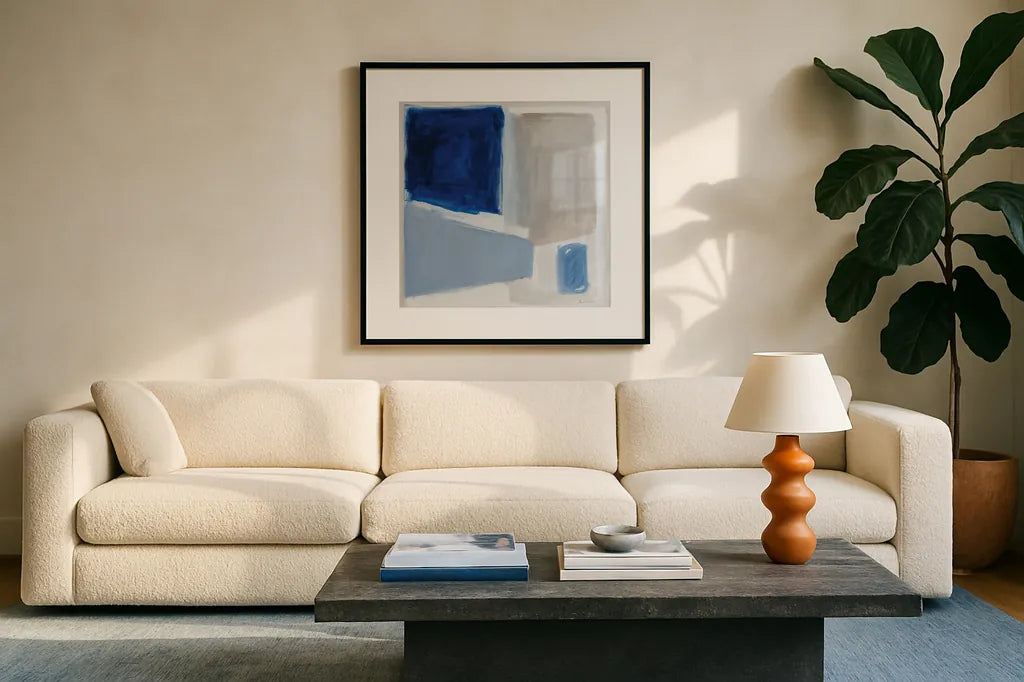 Blue and Brew by Pamela Munger. Displayed in a glass frame with matte in a clean modern living room. Available as an archival giclee rolled canvas, fine art paper, or poster print. SKU 84603a.