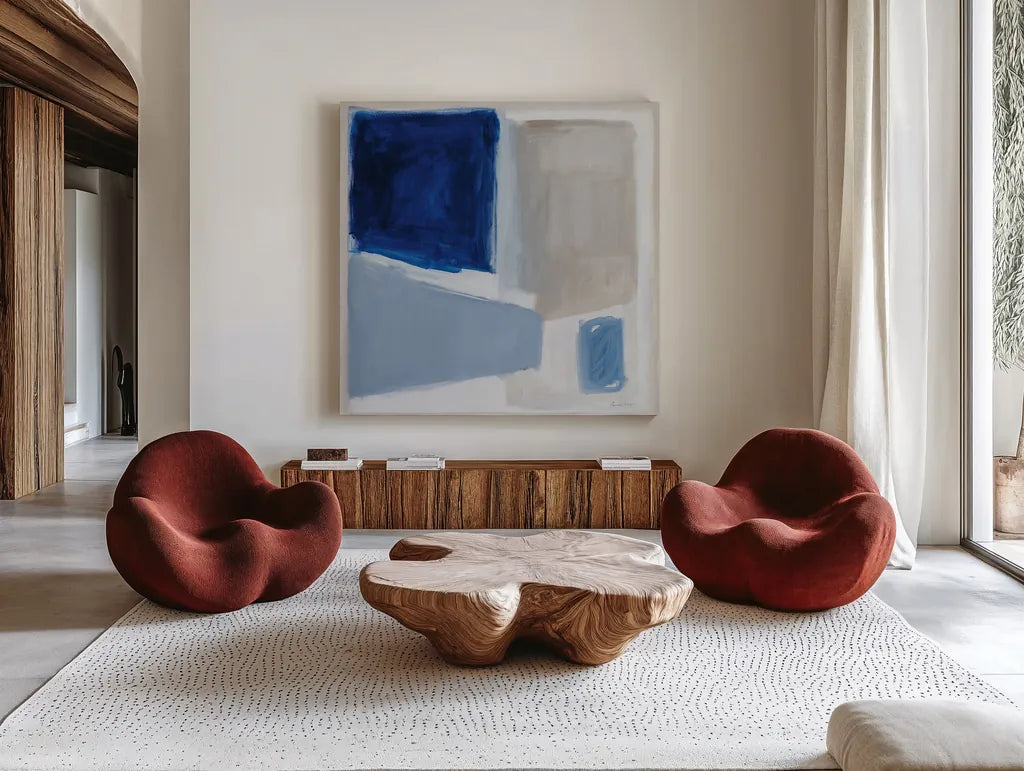 Blue and Brew by Pamela Munger. Shown as extra-large giant wall art in a modern living room. Available as an archival giclee rolled canvas, fine art paper, or poster print. SKU 84603a.