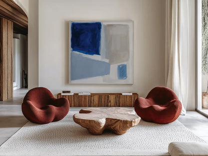 Blue and Brew by Pamela Munger. Shown as extra-large giant wall art in a modern living room. Available as an archival giclee rolled canvas, fine art paper, or poster print. SKU 84603a.