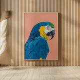 Blue and Gold Macaw Crop by Pamela Munger. shown as over sized large wall art. Available as an archival giclee rolled canvas, fine art paper, or poster print. SKU 69770h.