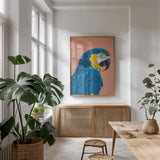 Blue and Gold Macaw Crop by Pamela Munger. shown as a print in a natural wood frame in a dining room. Available as a archival giclee rolled canvas, fine art paper, or poster print. SKU 69770h.