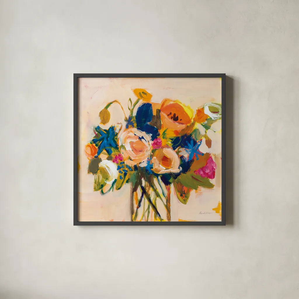 Boho Blooms by Pamela Munger. Shown in a sleek black glass frame for a contemporary gallery look. Available as an archival giclee rolled canvas, fine art paper, or poster print. SKU 70540a.