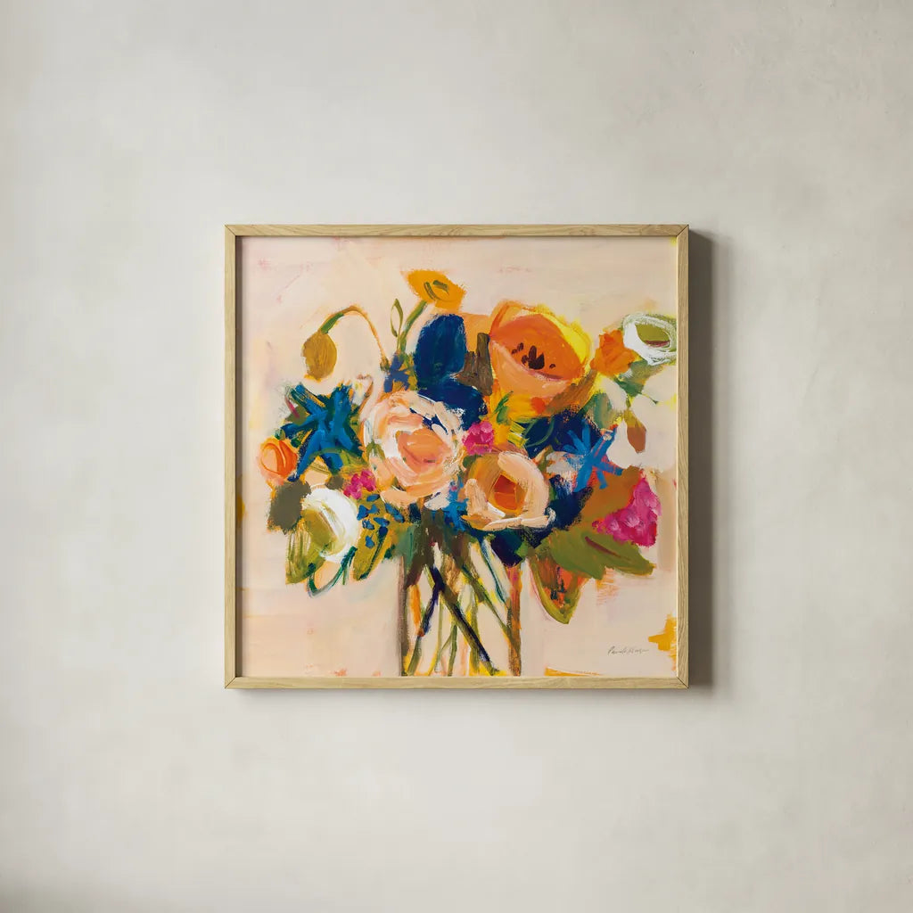 Boho Blooms by Pamela Munger. Shown in a natural wood glass frame for a timeless modern aesthetic. Available as an archival giclee rolled canvas, fine art paper, or poster print. SKU 70540a.