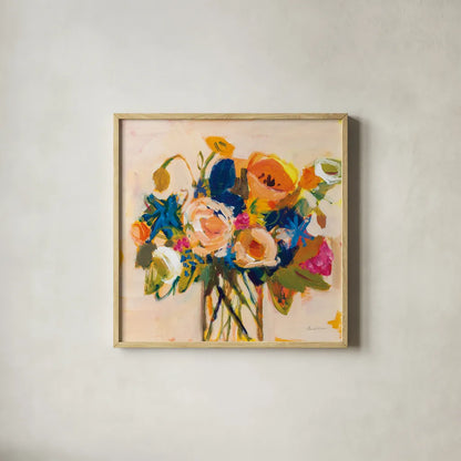 Boho Blooms by Pamela Munger. Shown in a natural wood glass frame for a timeless modern aesthetic. Available as an archival giclee rolled canvas, fine art paper, or poster print. SKU 70540a.